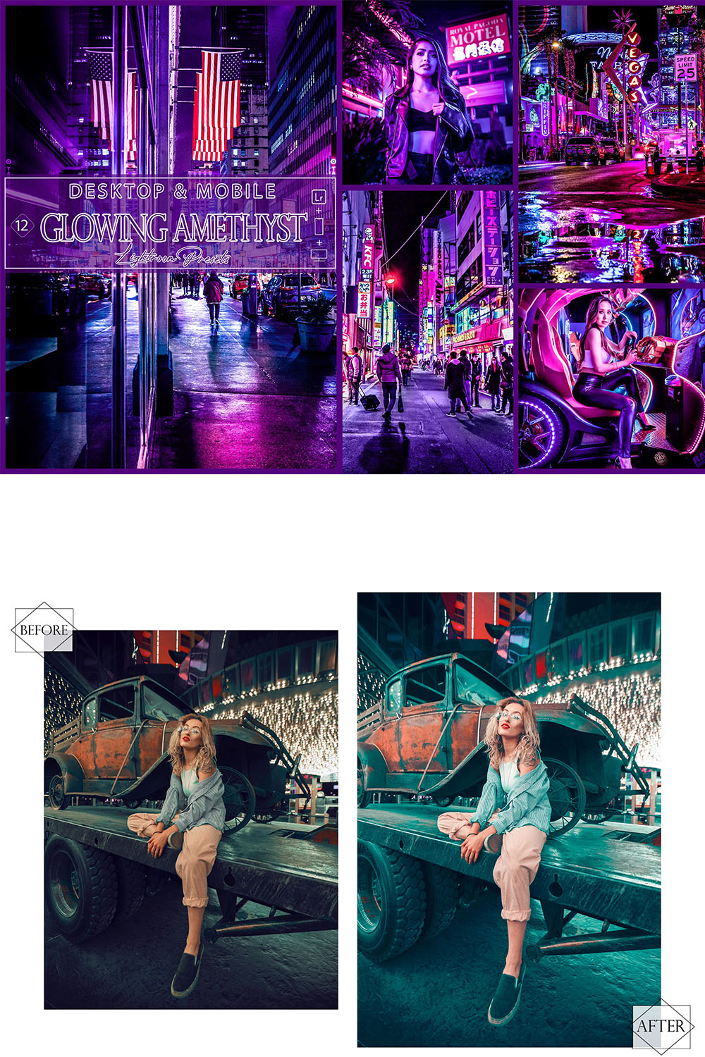 12 Glowing Amethyst Lightroom Presets, Blue Lilac Preset, Moody Desktop LR Filter, DNG Portrait General, Top Theme, Blog Instagram, Night pinterest preview image.