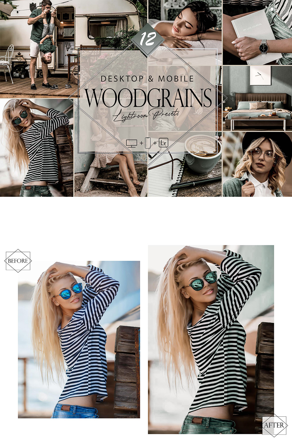 12 Woodgrains Lightroom Presets, Green Preset, Brown Desktop LR Filter, DNG Portrait Lifestyle, Top Theme, Spring Blogger Instagram pinterest preview image.