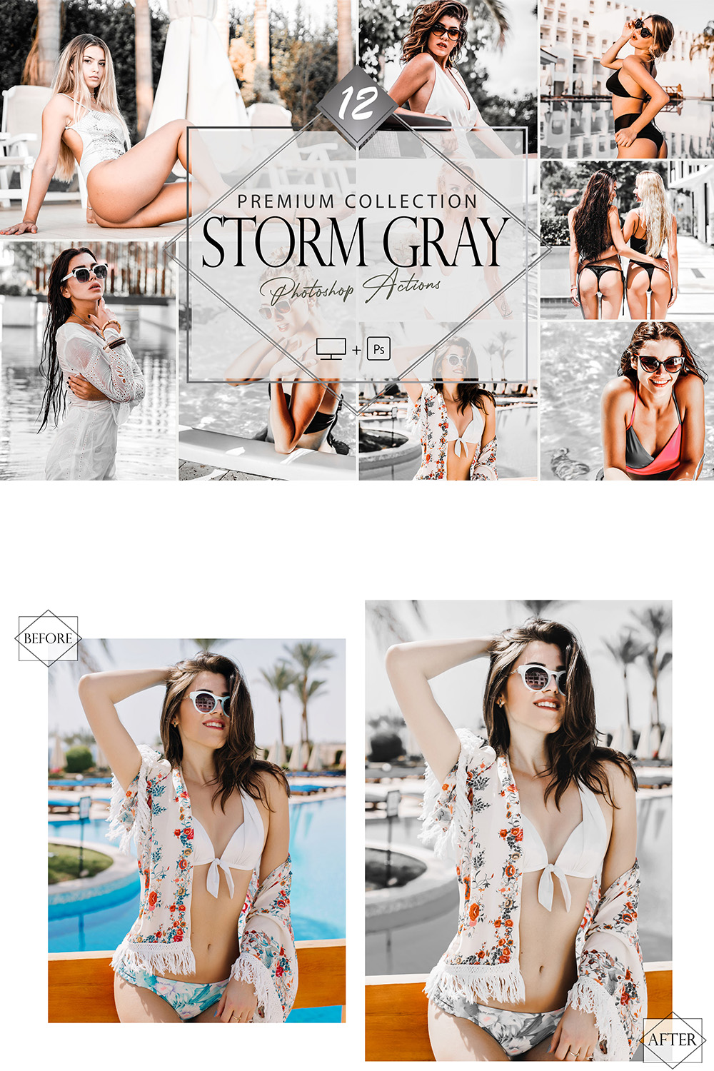 12 Storm Gray Photoshop Actions, Bright Grey Preset, Monochromatic Ps Filter, Portrait And Lifestyle Theme For Instagram, Blogger, Outdoor pinterest preview image.