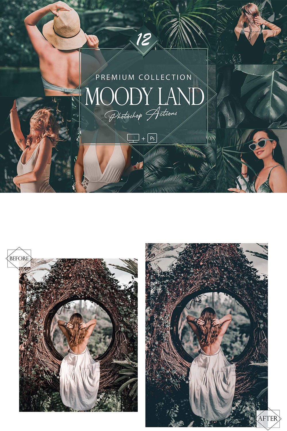 12 Moody Land Photoshop Actions, Natural ACR Preset, Tropical Ps Filter, Portrait And Lifestyle Theme For Instagram, Blogger, Outdoor pinterest preview image.