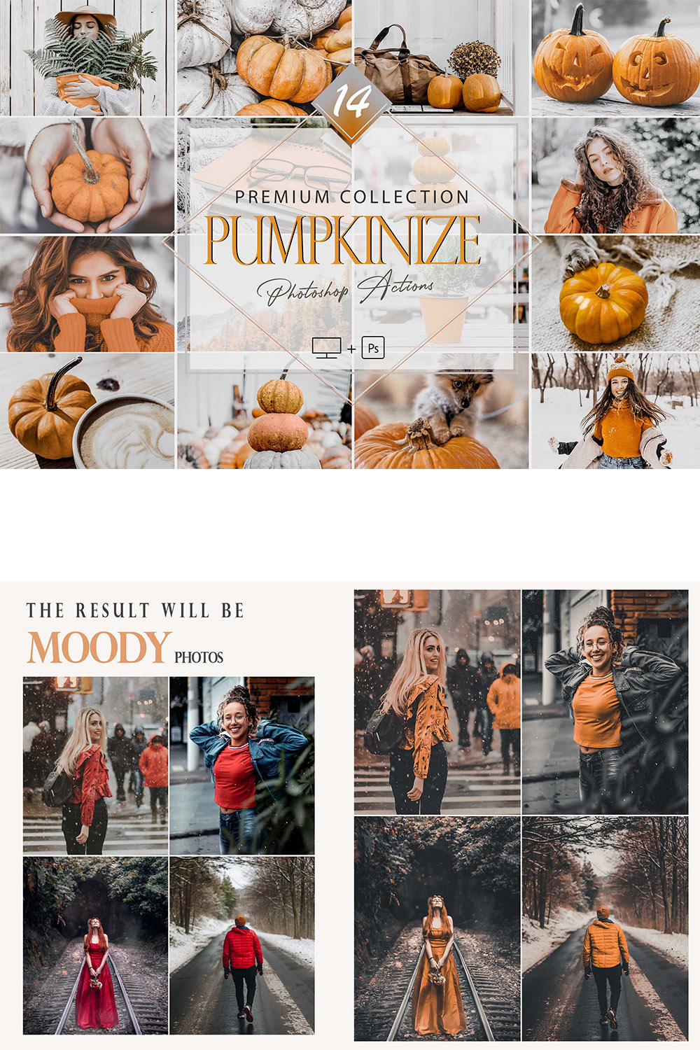 14 Pumpkinize Photoshop Actions, Autumn ACR Preset, Orange Ps Filter, Portrait And Lifestyle Theme For Instagram, Blogger, Outdoor pinterest preview image.