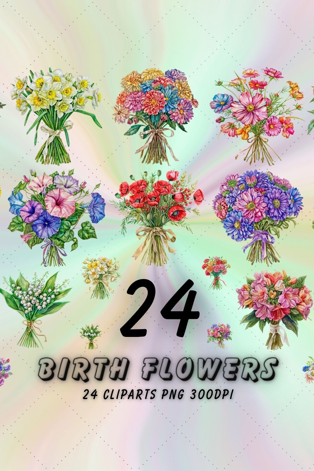 Birth Month Flower Sublimation Clipart, watercolour flower pinterest preview image.