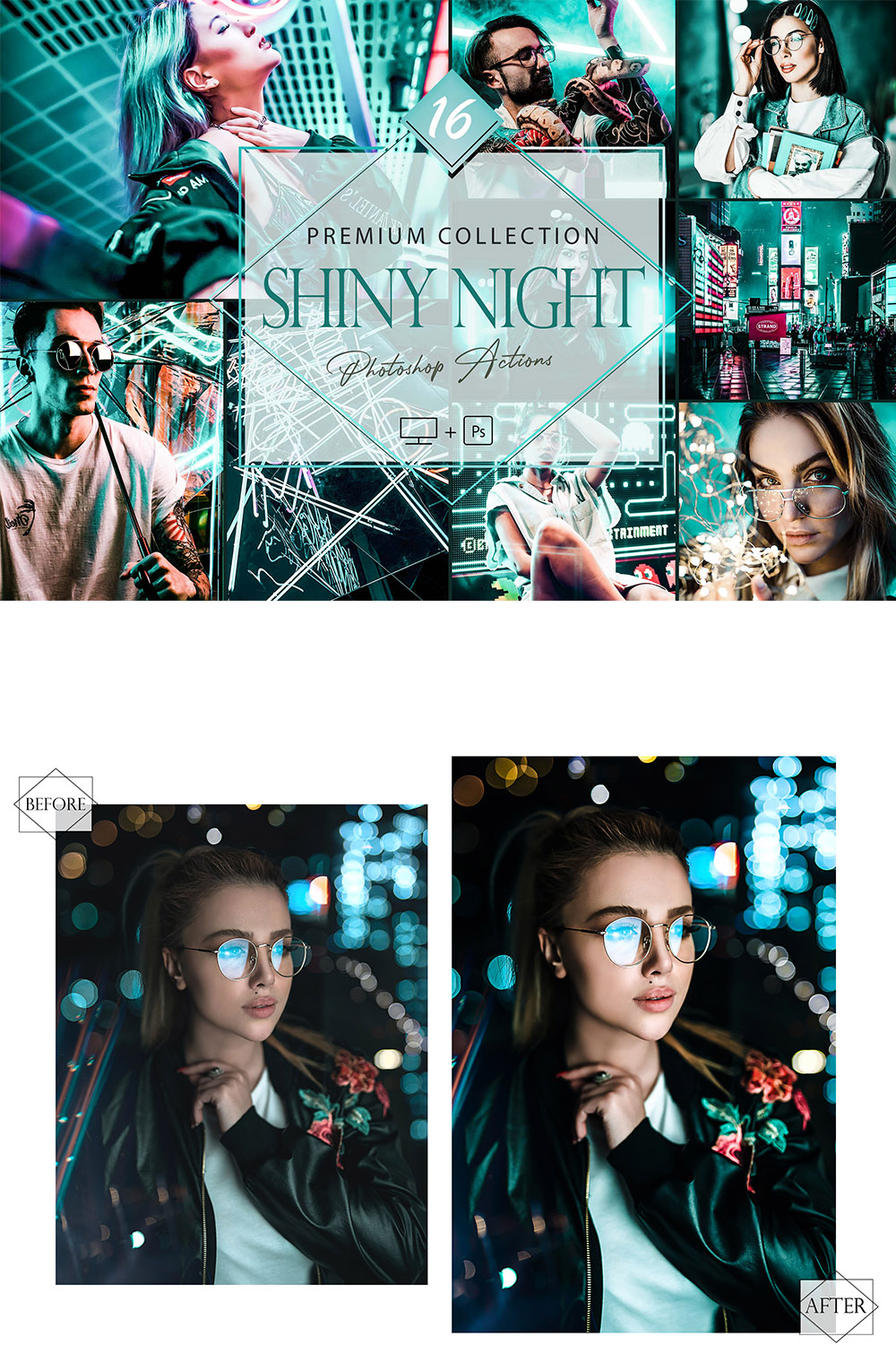 16 Photoshop Actions, Shiny Night Ps Action, Moody ACR Preset, Neon Filter, Lifestyle Theme For Instagram, Light Presets, Street Portrait pinterest preview image.