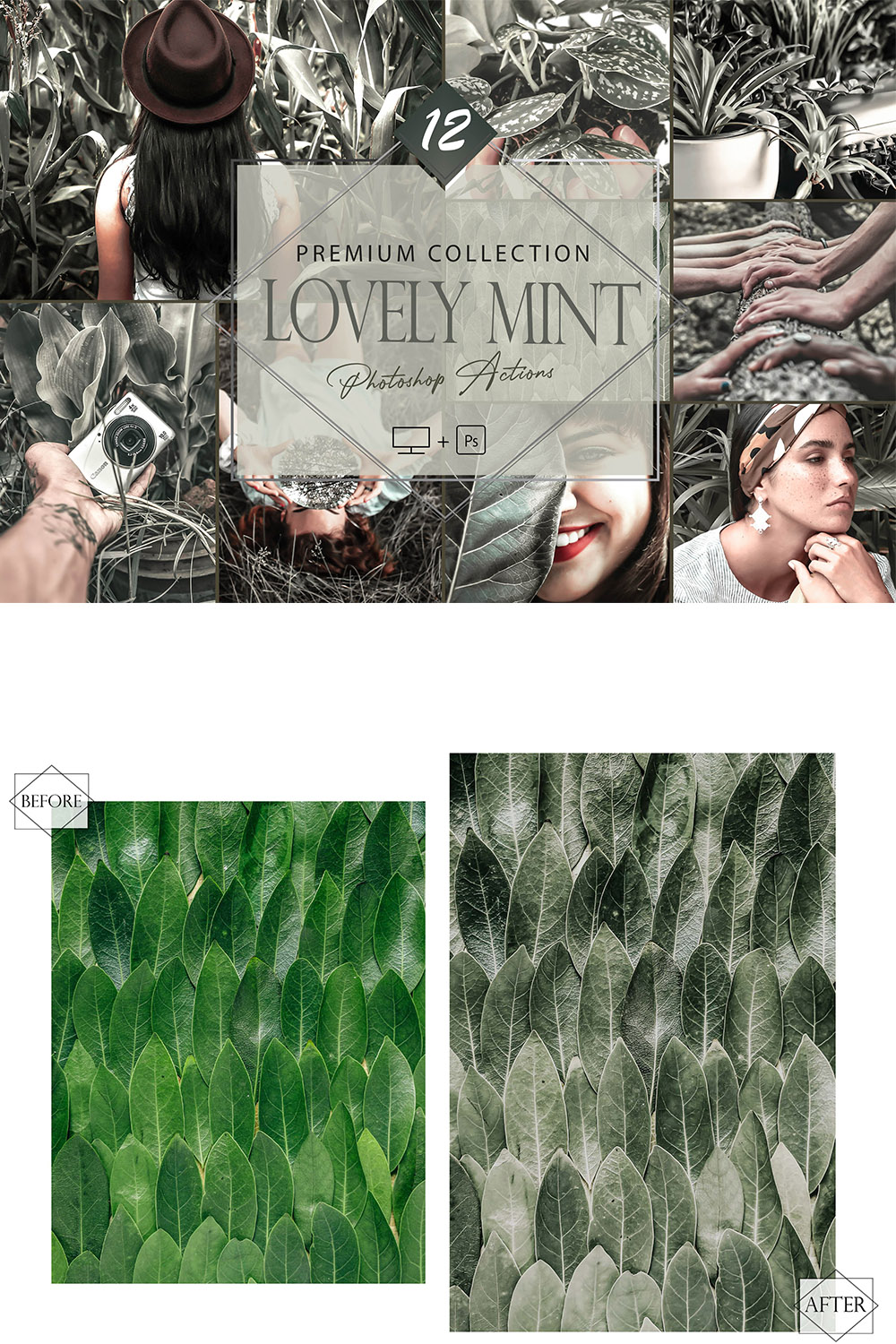 12 Lovely Mint Photoshop Actions, Spring ACR Preset, Green Ps Filter, Portrait And Lifestyle Theme For Instagram, Blogger, Summer Outdoor pinterest preview image.