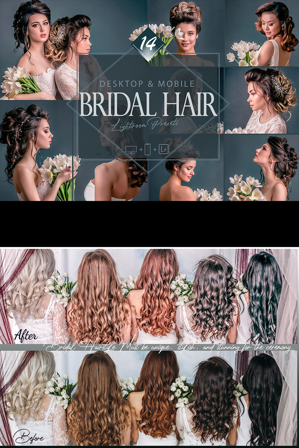 14 Bridal Hair Lightroom Presets, Beauty Bride Mobile Preset, Hairstyle Sweet Desktop LR Filter DNG Portrait Fashion Theme Blogger Instagram Wedding pinterest preview image.