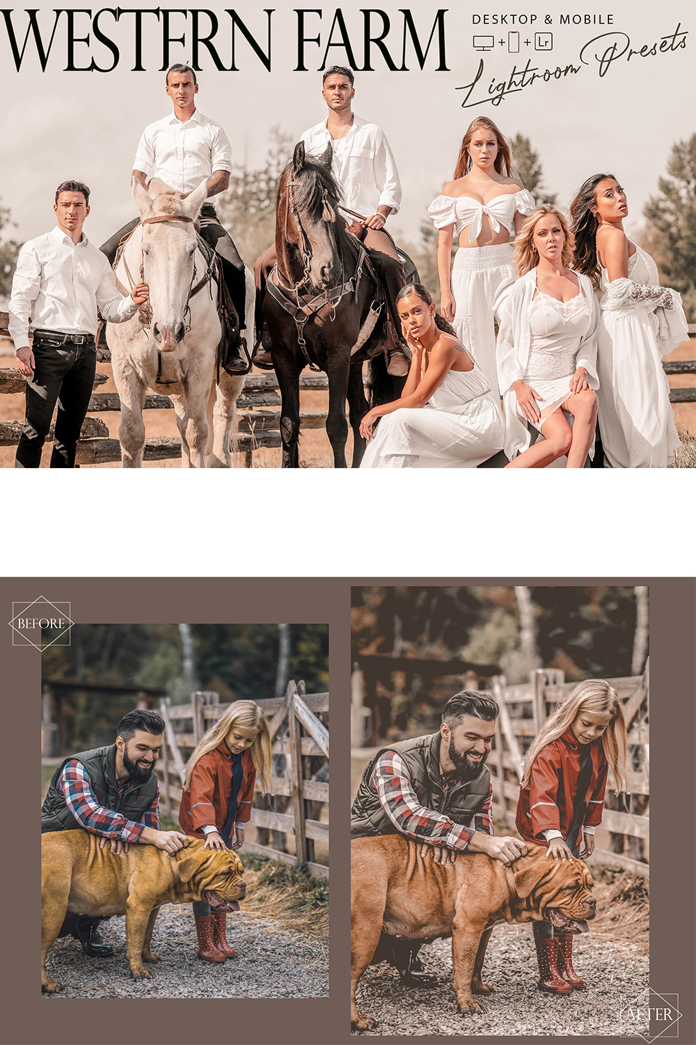 20 Western Farm Lightroom Presets, Sunkissed Mobile Preset, Cowboy Desktop LR Filter DNG Model Gym Theme Blogger Instagram Hue pinterest preview image.