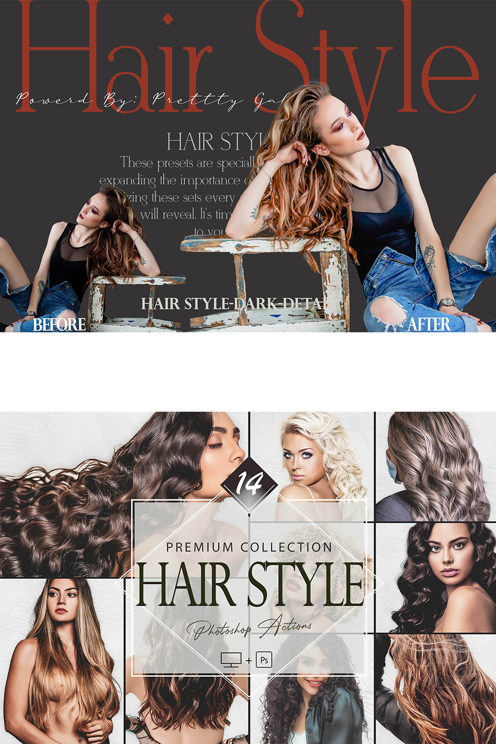 14 Hair Style Photoshop Actions, Beauty Woman ACR Preset, Bright Hairstyle Filter, Portrait And Lifestyle Theme For Instagram, Blogger, Fashion pinterest preview image.