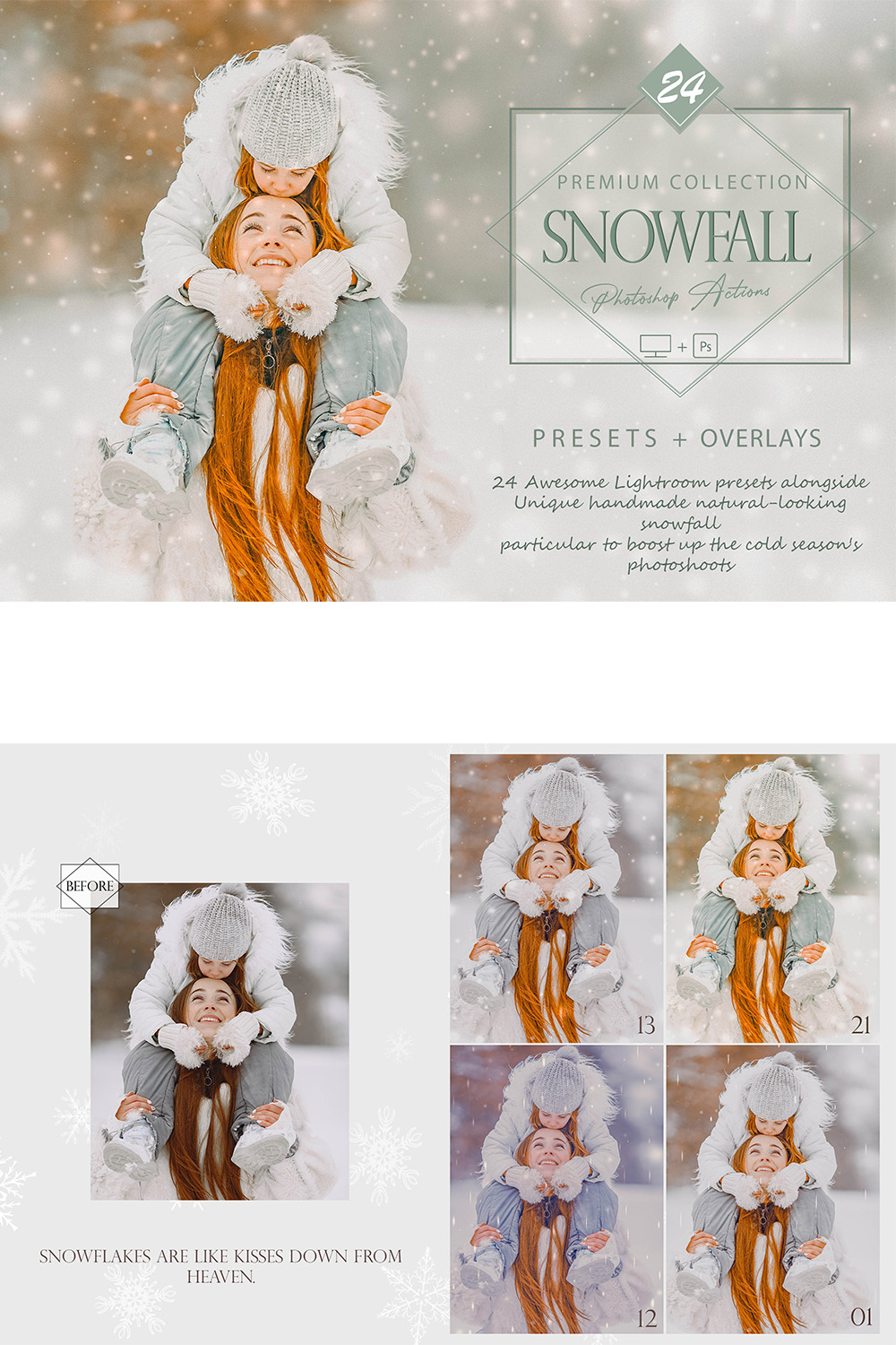 24 Snowfall Photoshop Actions, Winter ACR Preset, Snow Overlay Ps Filter, Portrait And Lifestyle Theme For Instagram, Blogger, Outdoor pinterest preview image.