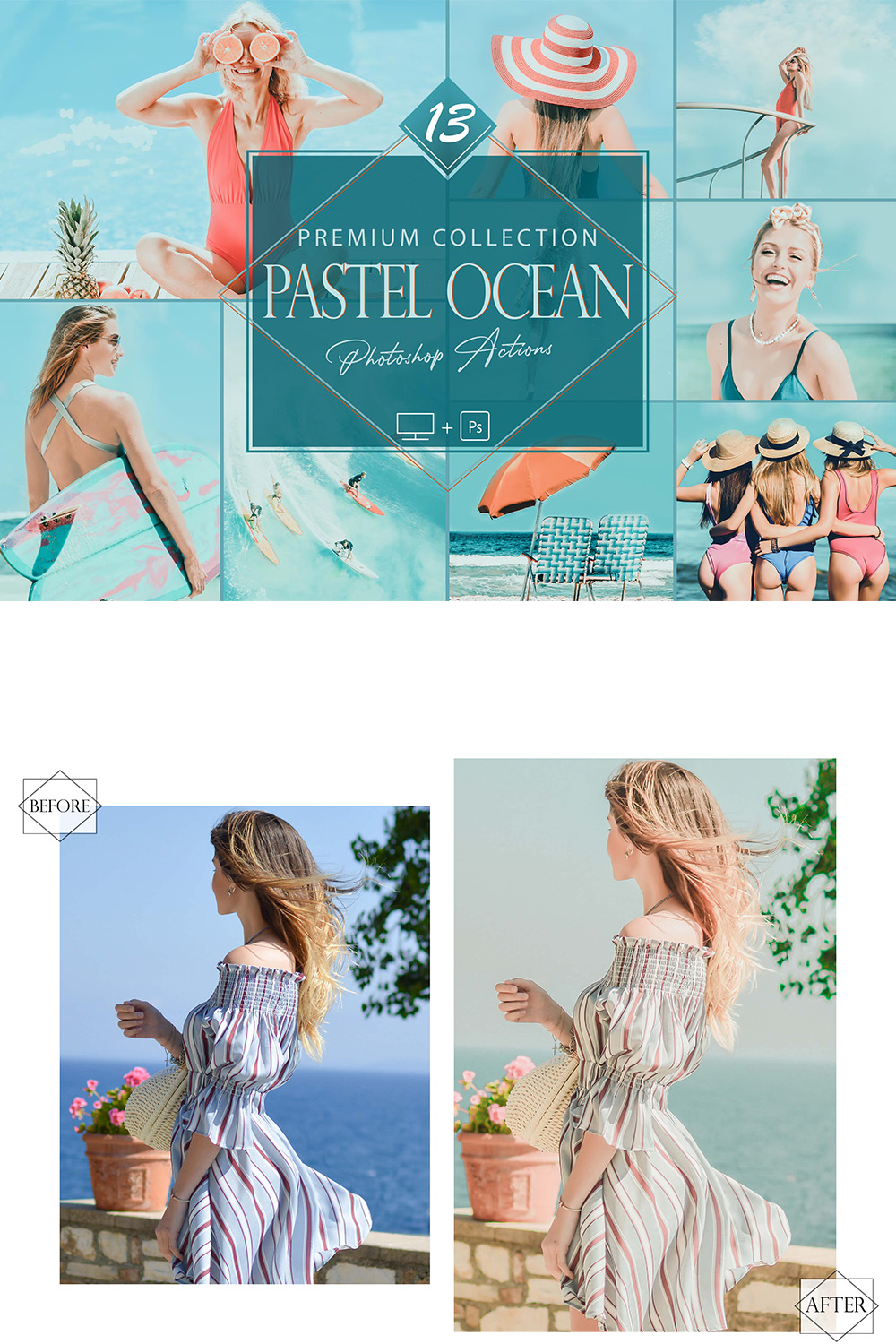 13 Pastel Ocean Photoshop Actions, Blue Beach ACR Preset, Seaside Ps Filter, Portrait And Lifestyle Theme For Instagram, Blogger, Outdoor pinterest preview image.