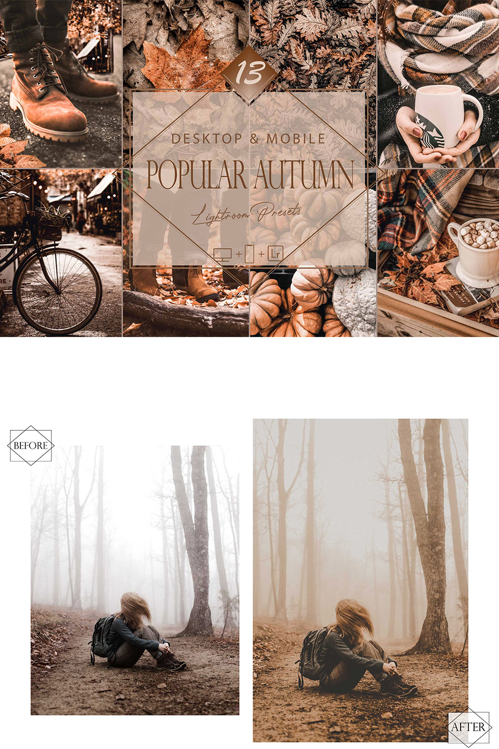 13 Popular Autumn Lightroom Presets, Earthy Mobile Preset, Orange Fall Desktop LR Filter DNG Portrait Lifestyle Top Theme Blogger Instagram pinterest preview image.