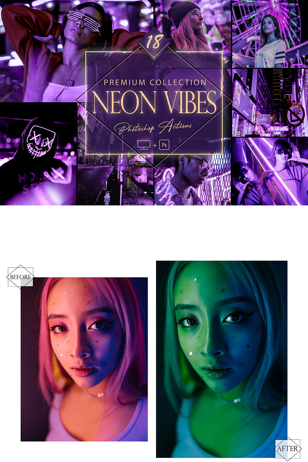 18 Neon Vibes Photoshop Actions, Moody ACR Preset, Night Filter, Portrait And Lifestyle Theme For Instagram, Blogger, Outdoor pinterest preview image.