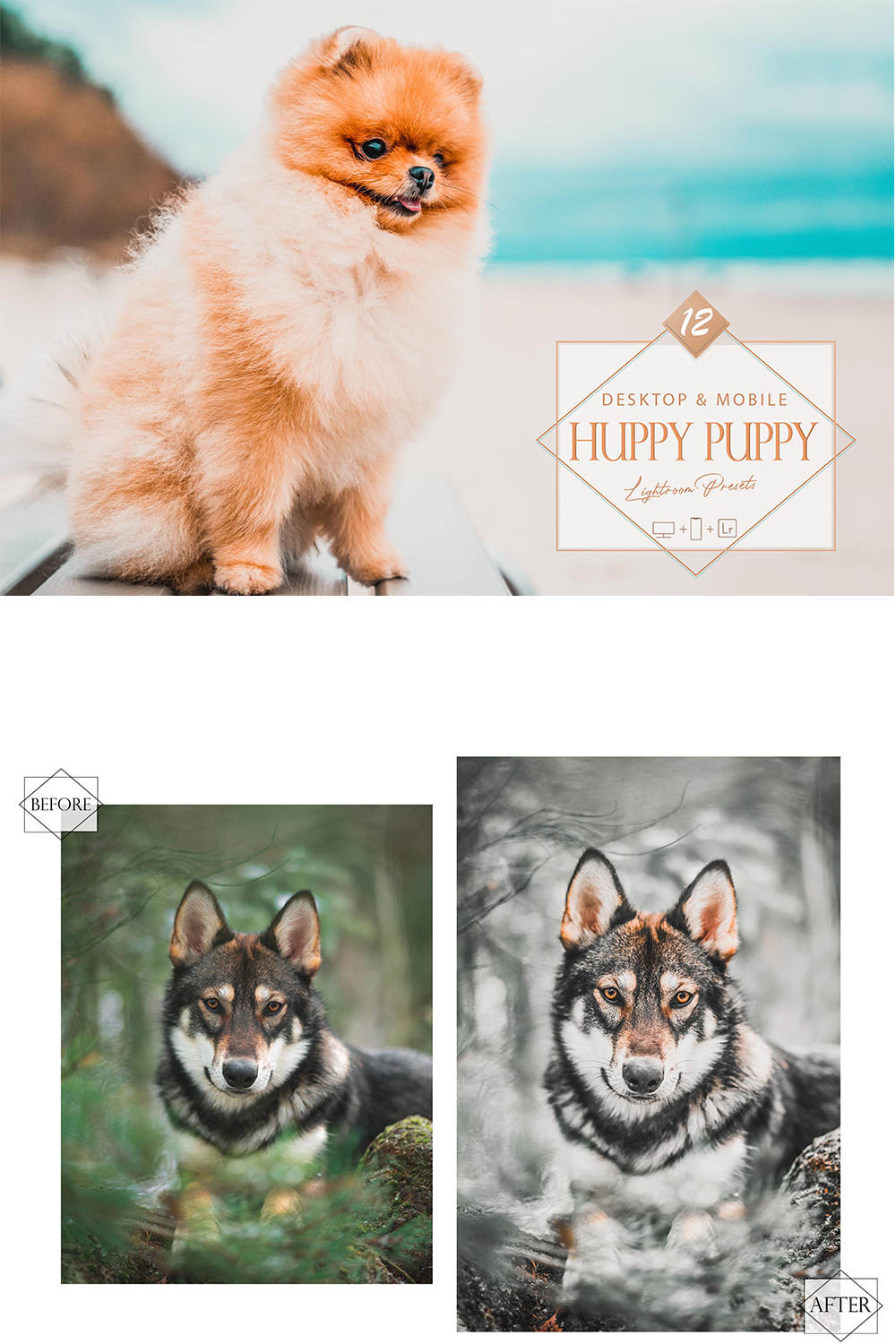 12 Huppy Puppy Lightroom Presets, Pet Presets, Bright Desktop LR Filter, DNG Portrait Lifestyle, Top Theme, Valentine Blogger Instagram pinterest preview image.