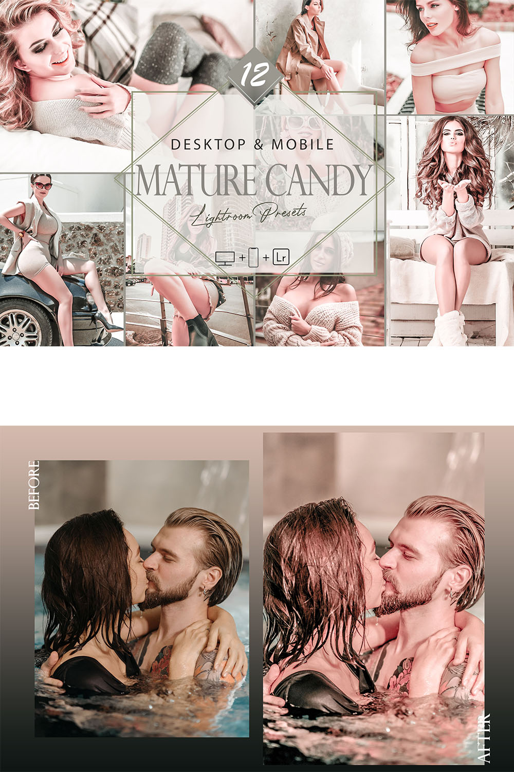 12 Mature Candy Lightroom Presets, Love Mobile Preset, Pink Desktop LR Filter DNG Artist Movie Theme Blogger Instagram pinterest preview image.