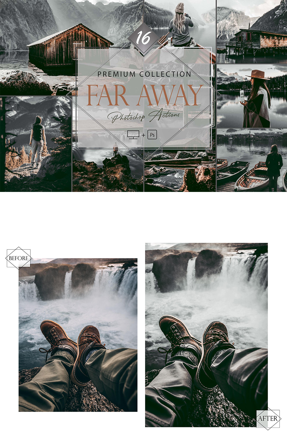 16 Far Away Photoshop Actions, Gray Landscape ACR Preset, Noir Ps Filter, monotone And Lifestyle Theme For Instagram, Blogger, gray Outdoor pinterest preview image.