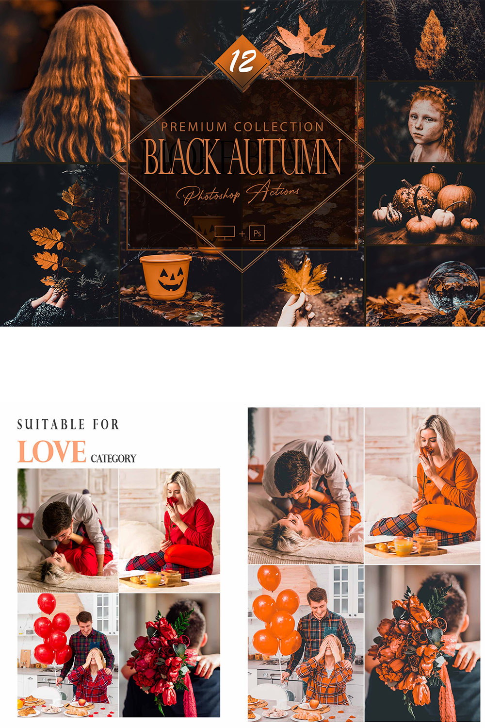 12 Black Autumn Photoshop Actions, Moody Fall ACR Preset, Orange Ps Filter, Portrait And Lifestyle Theme For Instagram, Blogger, Outdoor pinterest preview image.