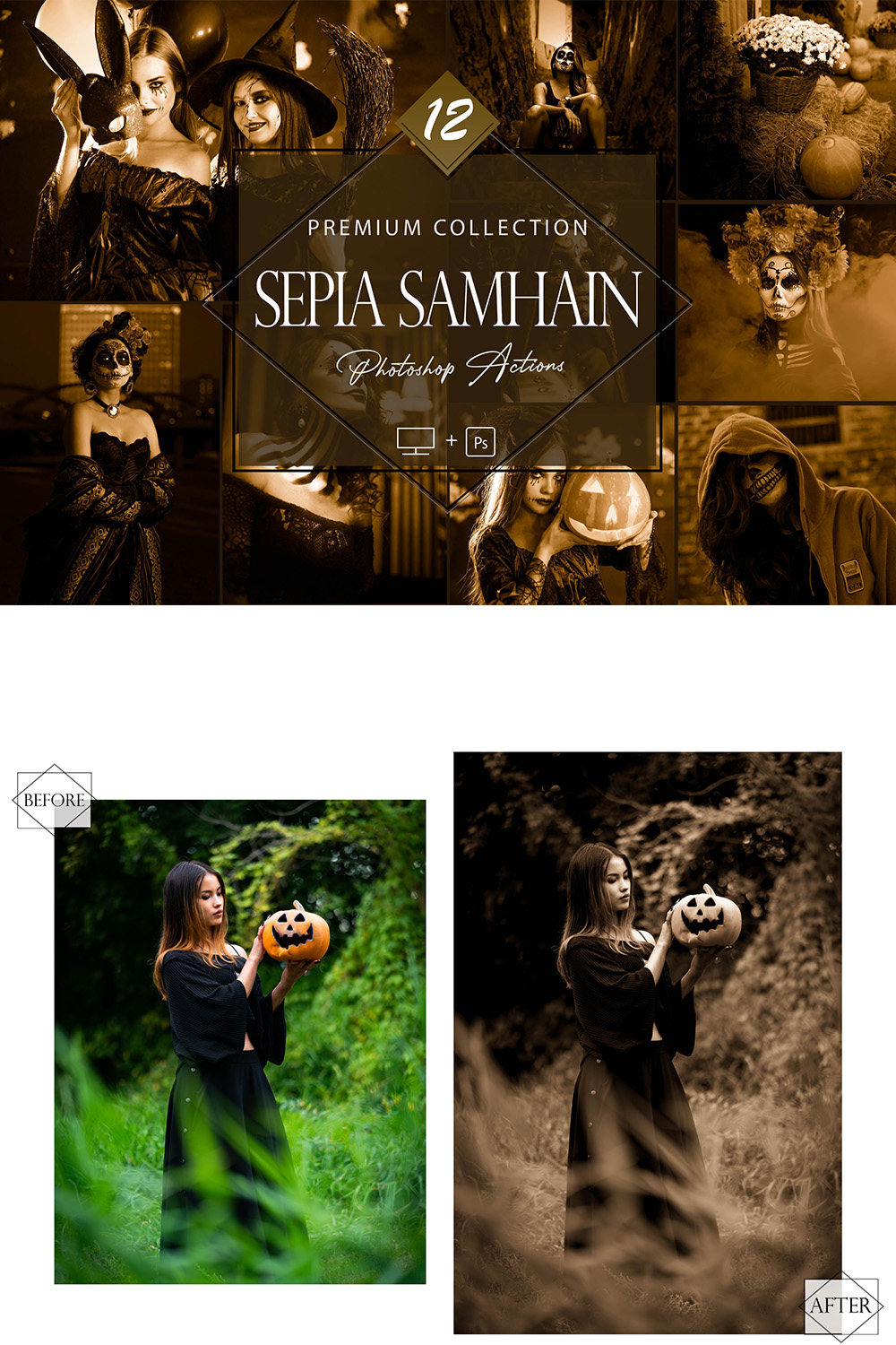 12 Sepia Samhain Photoshop Actions, Moody ACR Presets, Sepia Ps Action, Fall Desktop LR Filter, DNG Portrait Lifestyle, Top Theme, Blogger Instagram pinterest preview image.