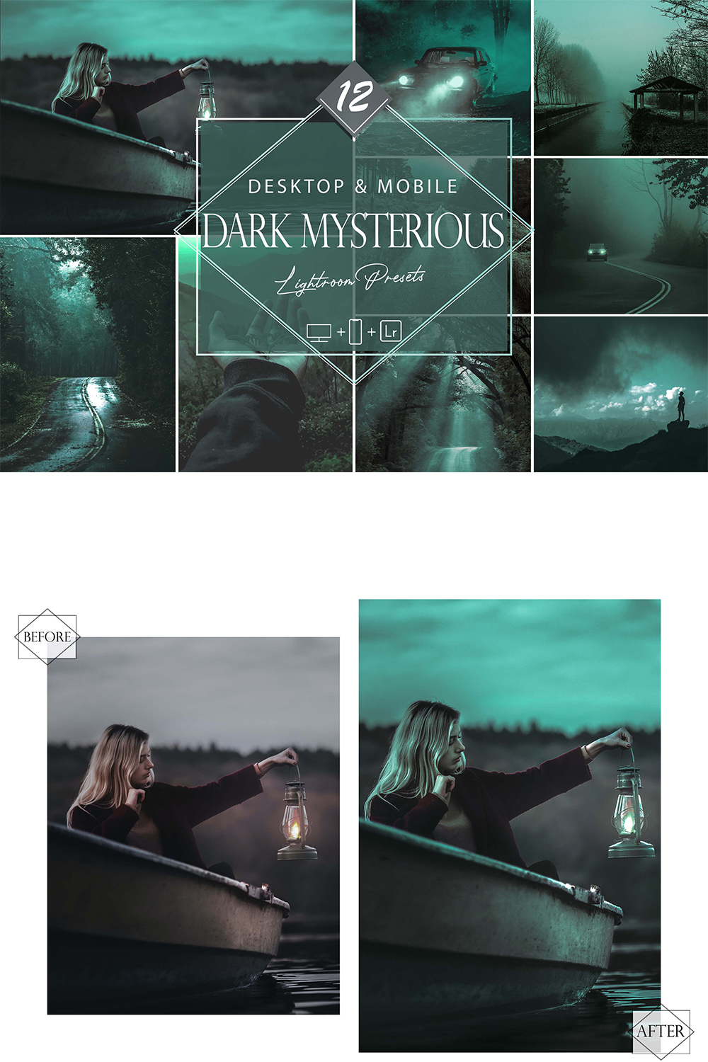 12 Dark Mysterious Lightroom Presets, Green Mobile Preset, Mystery Desktop LR Filter DNG Portrait Lifestyle Theme Bright Blogger Instagram pinterest preview image.