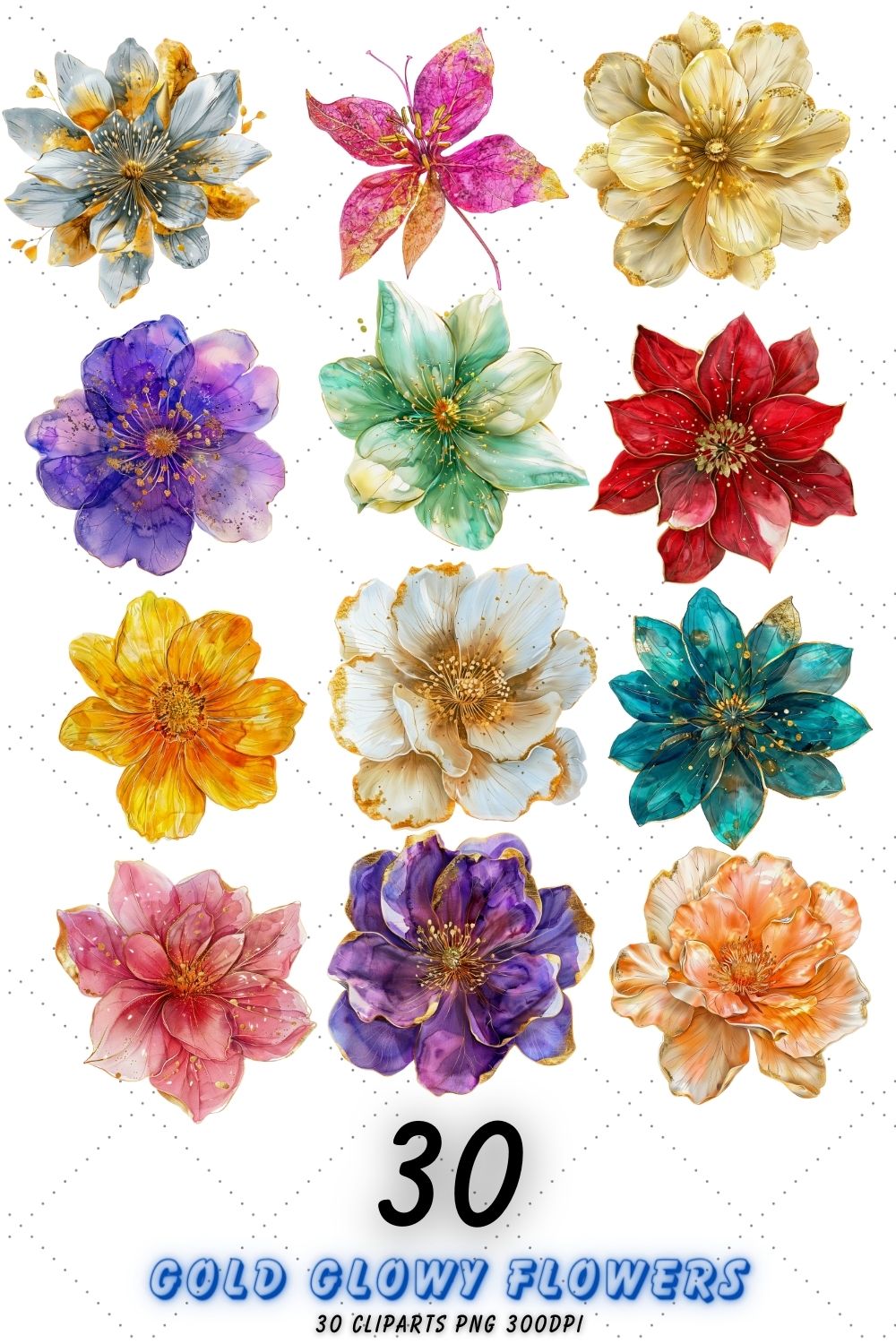 Gold Glowy Flowers Clipart Bundle | Watercolor Flower Png pinterest preview image.