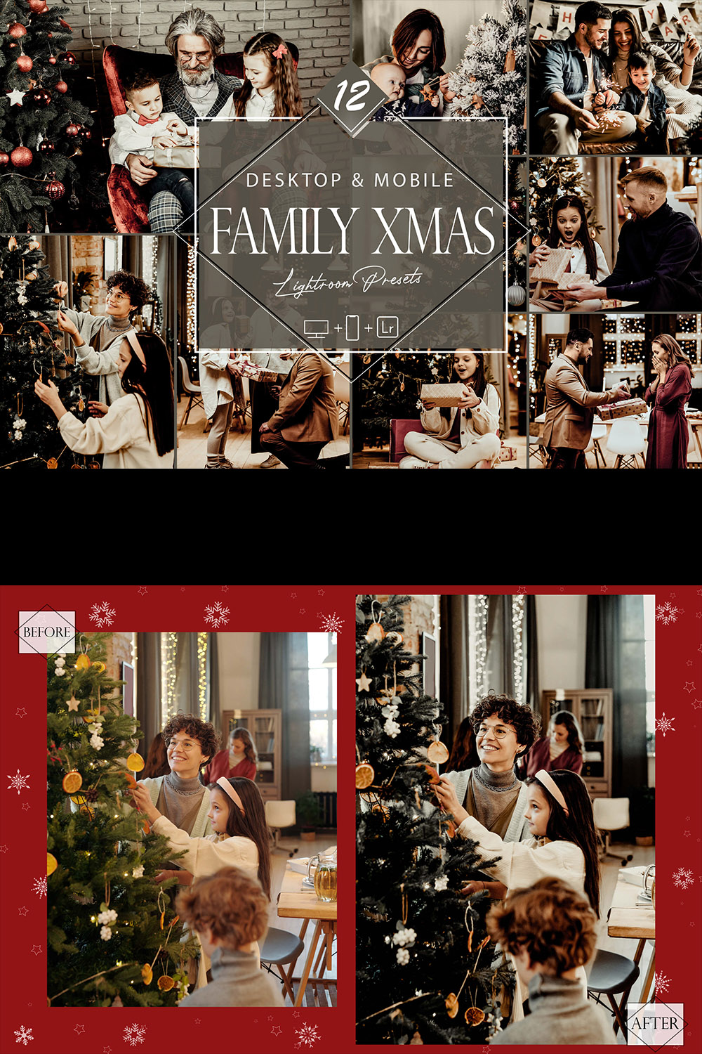 12 Family Xmas Lightroom Presets, Holidays Mobile Preset, Christmas Desktop LR Filter DNG Portrait Lifestyle Theme Moody Blogger Instagram pinterest preview image.