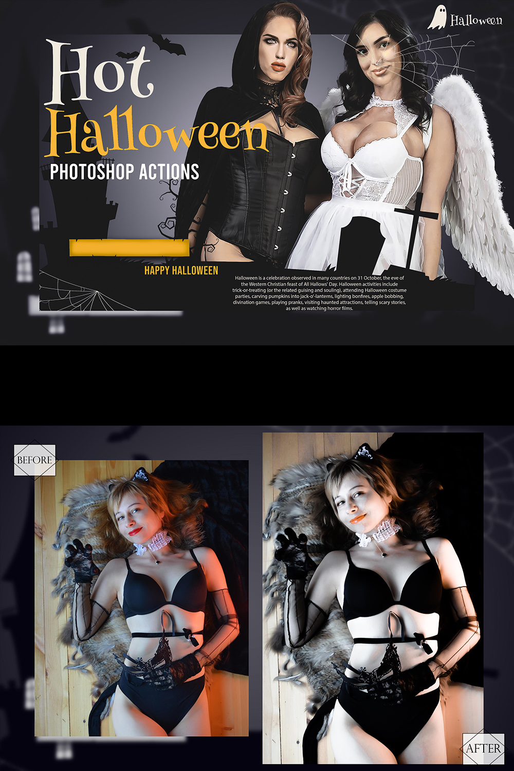 12 Hot Halloween Photoshop Actions, Sexy Moody ACR Preset, Erotic Horror Ps Filter, Portrait And Lifestyle Theme For Instagram, Blogger, Outdoor pinterest preview image.