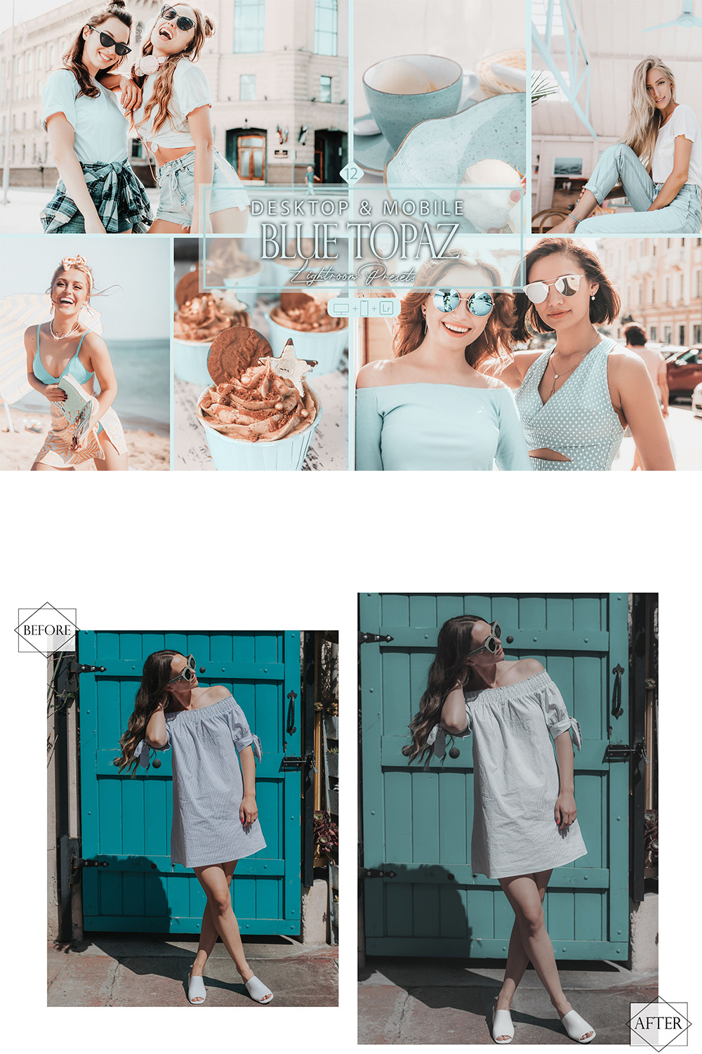 12 Blue Topaz Lightroom Presets, Brown Cobalt Preset, Bright Desktop LR Filter, DNG Beautiful Girl, Top Color, Happy Life, New Aqua Gray, Teal pinterest preview image.