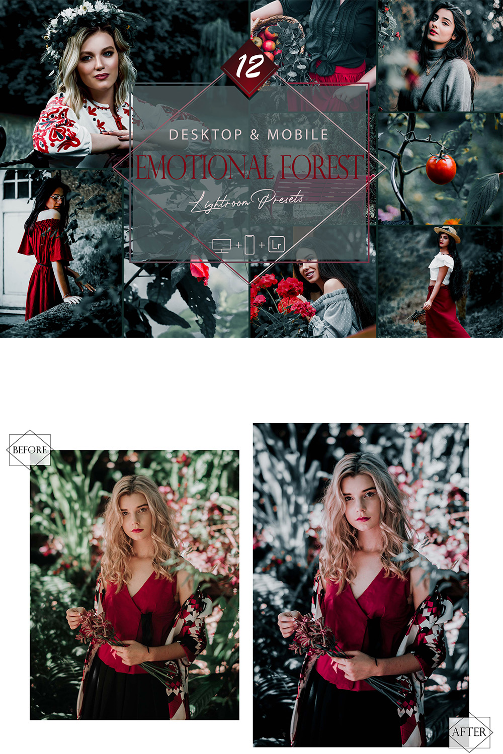 12 Emotional Forest Lightroom Presets, Girl Preset, Moody Autumn Desktop LR Filter, DNG Portrait Lifestyle, Top Theme, Fall Blogger Instagram pinterest preview image.