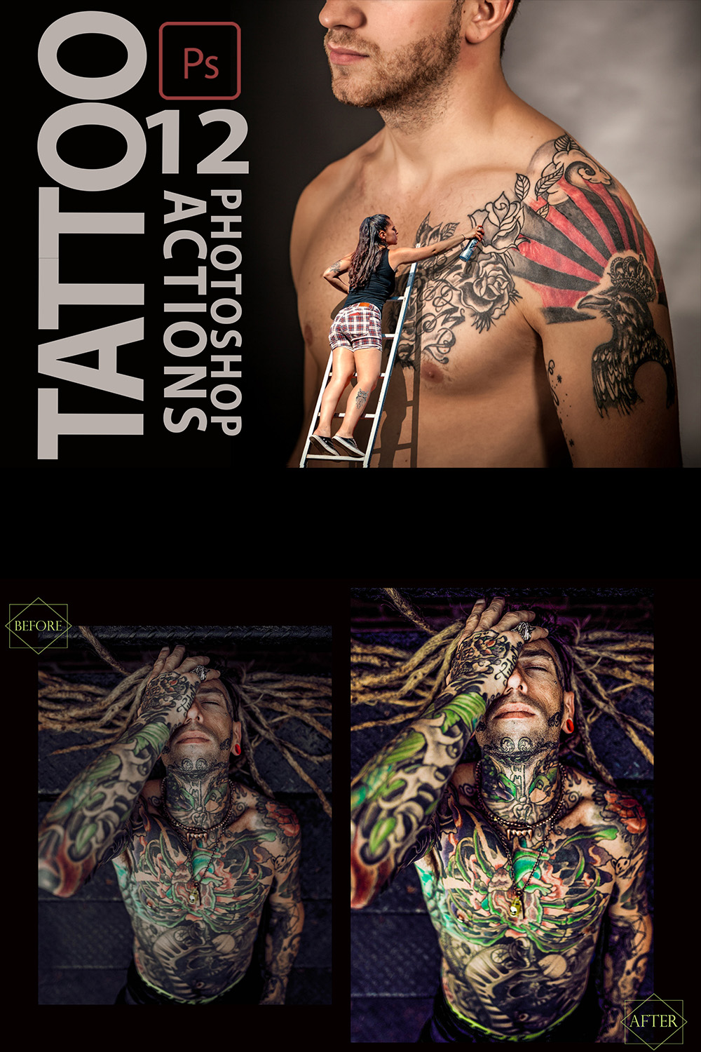 12 Tattoo Photoshop Actions, Soft Retouch ACR Preset, Atractive Body Filter, Portrait And Lifestyle Theme For Instagram, Blogger, Ink pinterest preview image.