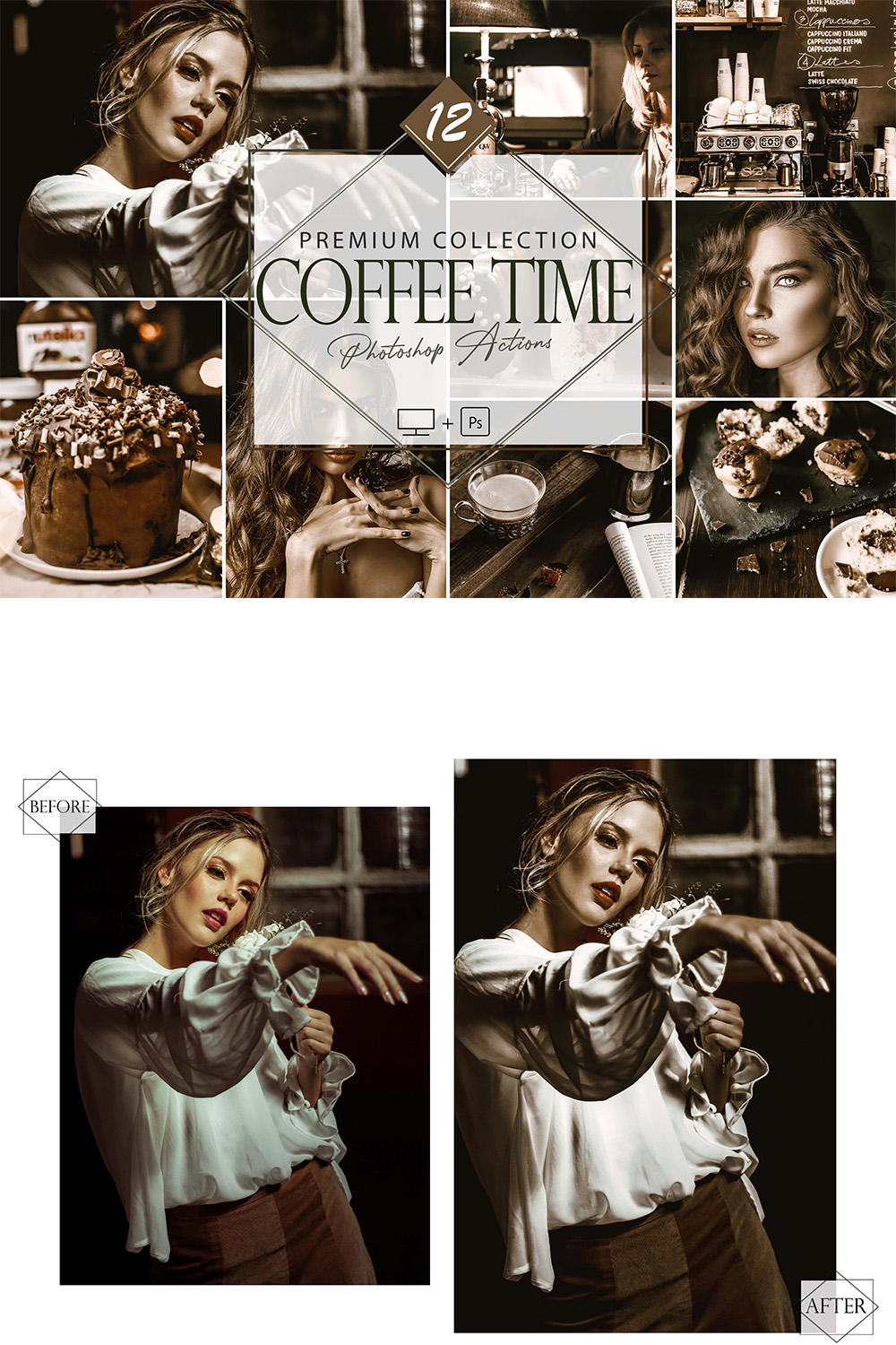 12 Coffee Time Photoshop Actions, Moody Brown ACR Preset, Dark Espresso Filter, Portrait And Lifestyle Theme For Instagram, Blogger, Outdoor pinterest preview image.