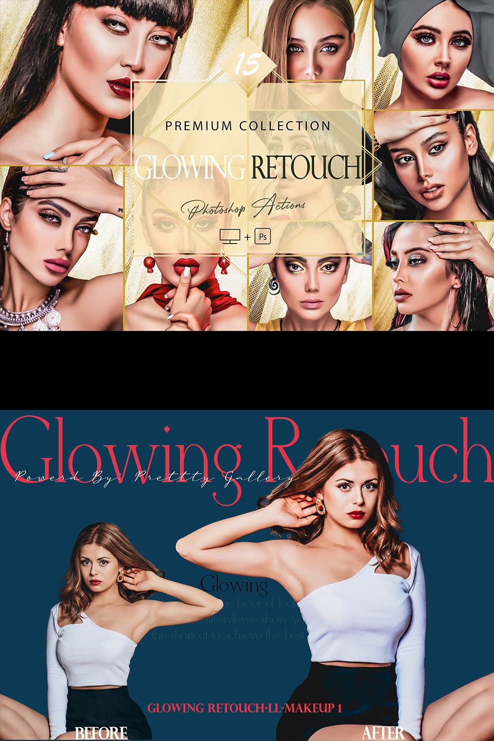 15 Glowing Retouch Photoshop Actions, Soft Beauty ACR Preset, Bright Makeup Filter, Portrait And Lifestyle Theme For Instagram, Blogger, Outdoor pinterest preview image.