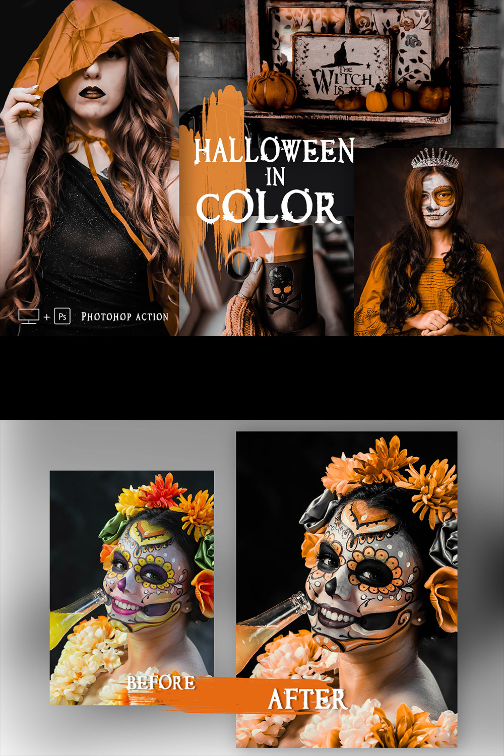 12 Photoshop Actions, Halloween In Color Ps Action, Moody ACR Preset, Fall Filter, Lifestyle Theme For Instagram, Autumn Presets, Gray portrait pinterest preview image.