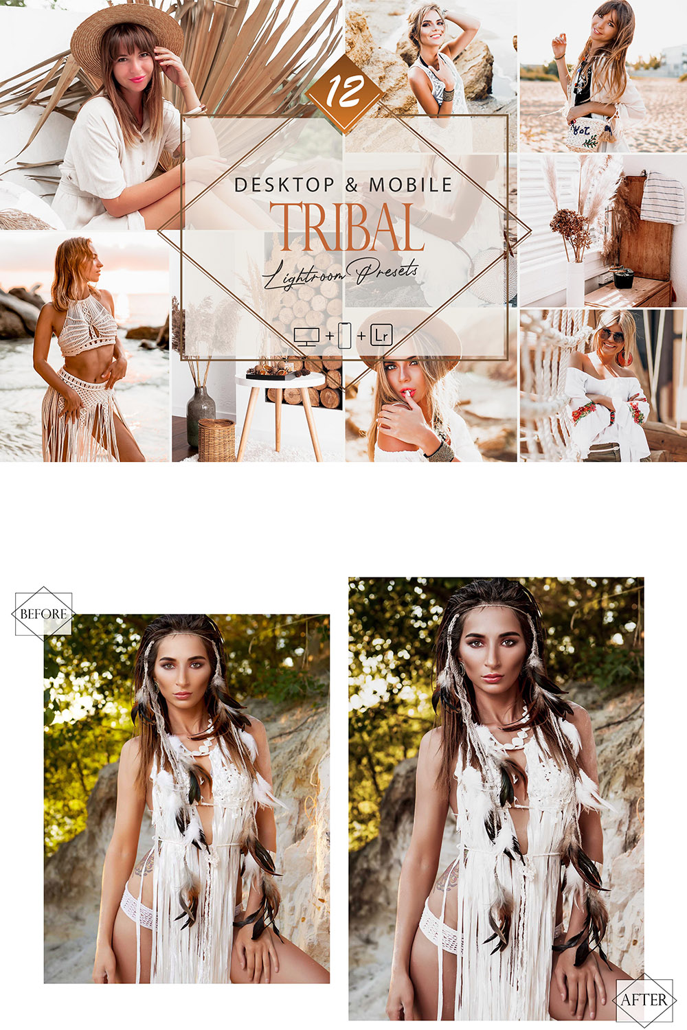 12 Tribal Lightroom Presets, Bohemian Preset, Bright Desktop LR Filter, DNG Portrait Lifestyle, Top Theme, Spring Blogger Instagram pinterest preview image.
