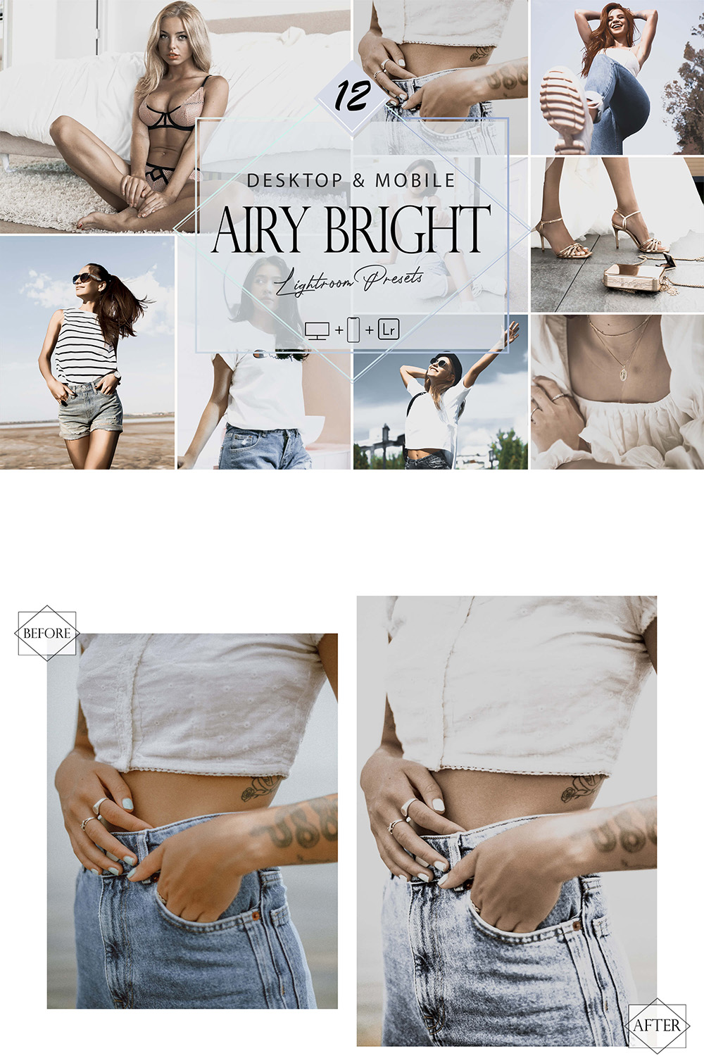 12 Airy Bright Lightroom Presets, Light Mobile Preset, Cloudy Desktop LR Filter DNG Portrait Lifestyle Theme Fall Blogger Instagram pinterest preview image.