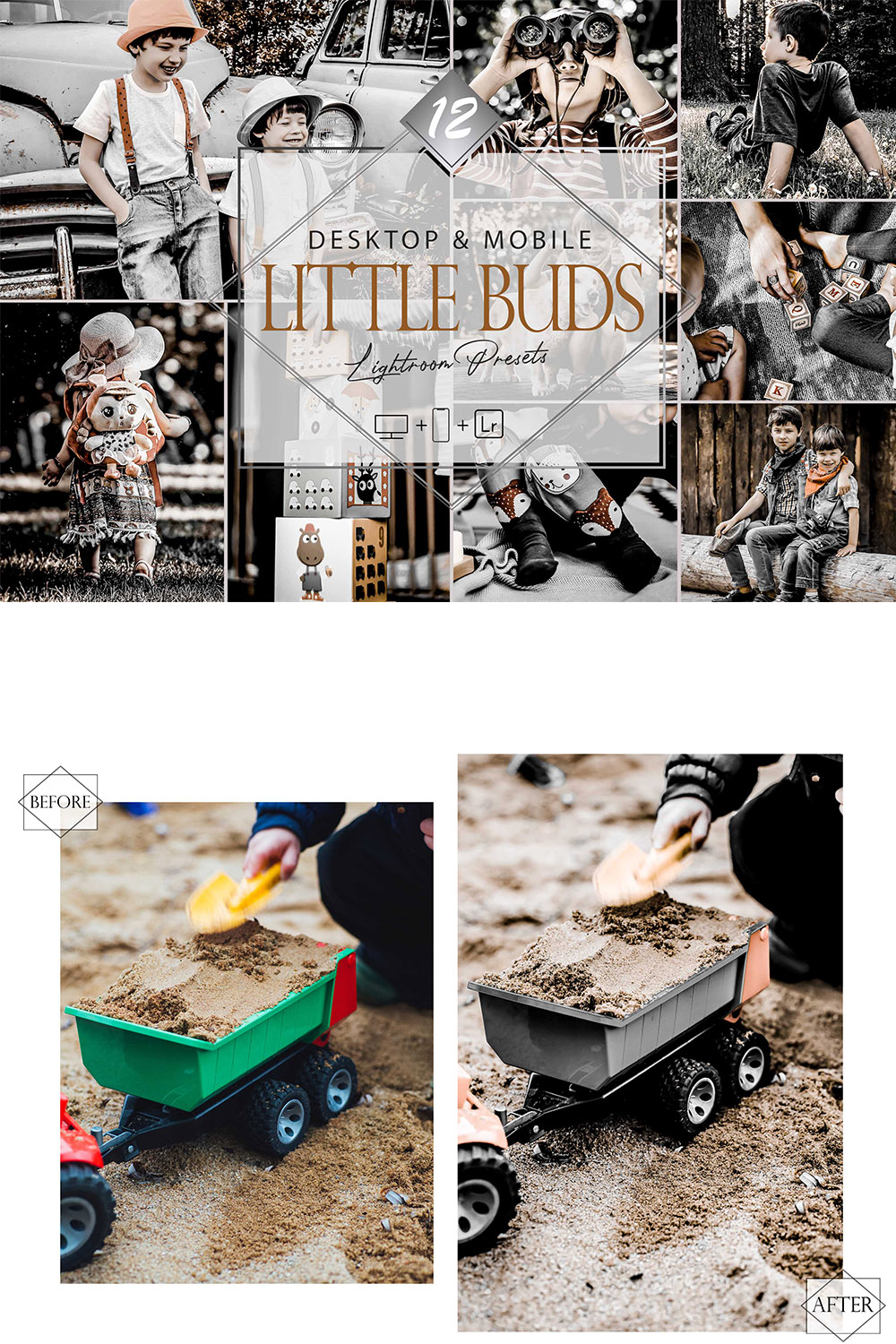 12 Little Buds Lightroom Presets, Moody Kids Preset, HDR Children Desktop LR Filter, DNG Portrait Lifestyle, Top Theme, Summer Blogger Instagram pinterest preview image.