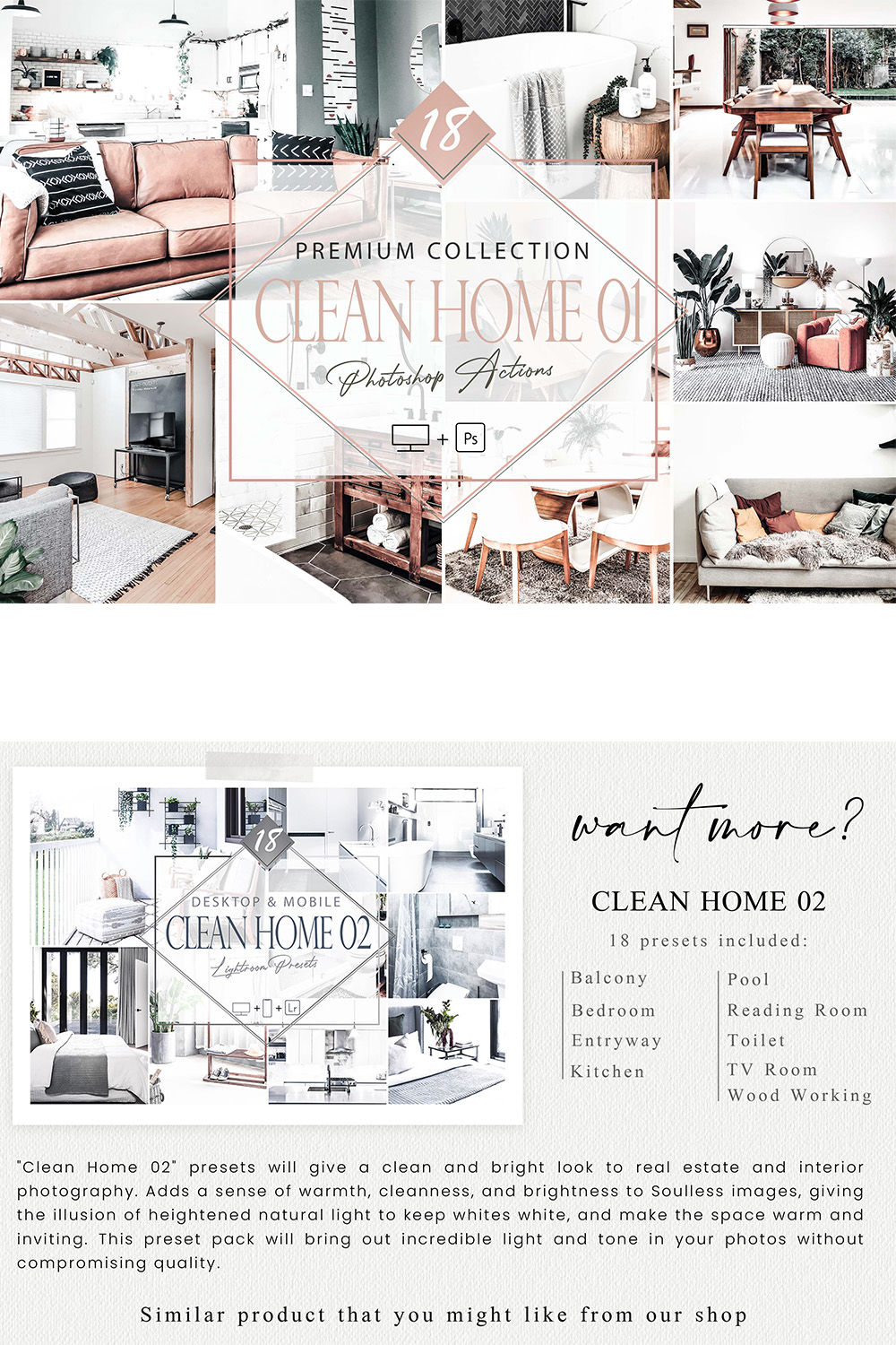 18 Clean Home 01 Photoshop Actions, Real Estate ACR Preset, White House Ps Filter, Portrait And Lifestyle Theme For Instagram, Blogger, Autumn Outdoor pinterest preview image.