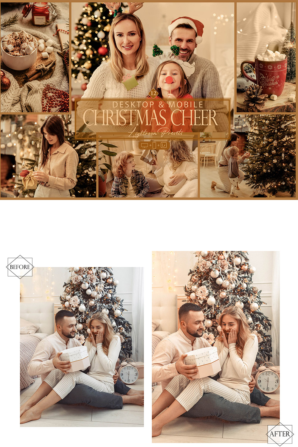 12 Christmas Cheer Lightroom Presets, Bright And Dark Preset, Wormy Desktop LR Filter, DNG Portrait Lifestyle, Top Theme, Winter Instagram pinterest preview image.