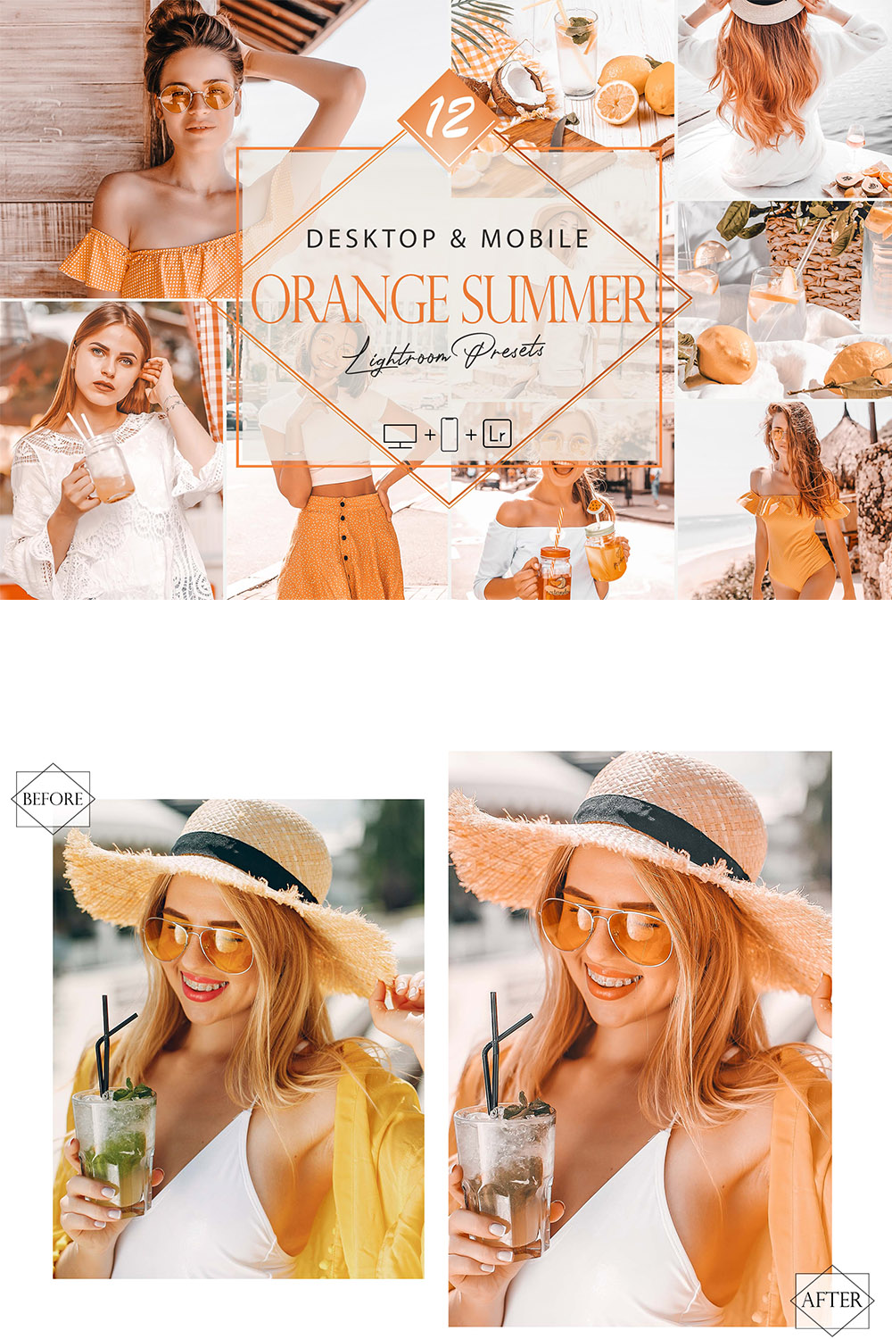 12 Orange Summer Lightroom Presets, Monochromatic Preset, Bright Desktop LR Filter, DNG Portrait Lifestyle, Top Theme, Blogger Instagram pinterest preview image.