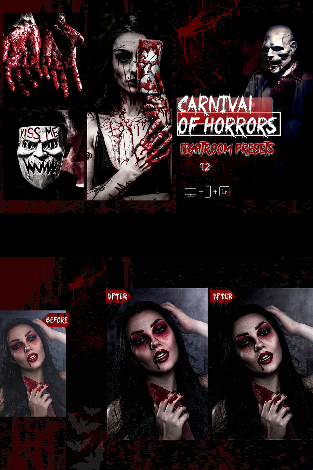 12 Carnival Of Horrors Lightroom Presets, Moody Halloween Preset, Fall Desktop LR Filter, DNG Portrait Lifestyle, Top Theme, Autumn Blogger Instagram pinterest preview image.