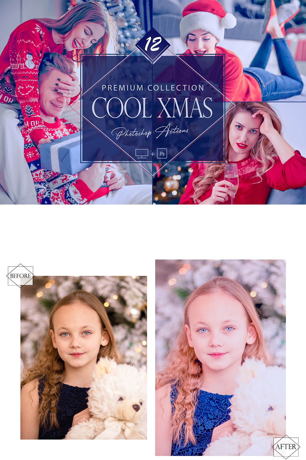 12 Cool Xmas Photoshop Actions, Christmas ACR Preset, Blue Ps Filter, Portrait And Lifestyle Theme For Instagram, Blogger, Outdoor pinterest preview image.