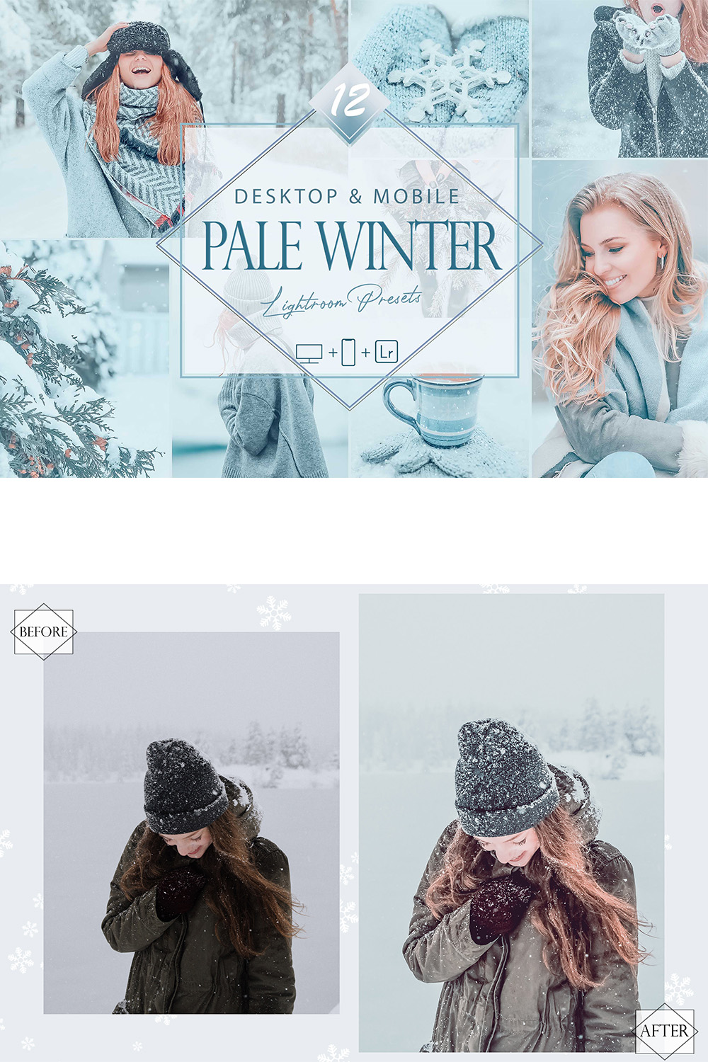 12 Pale Winter Lightroom Presets, Snowy Preset, Pastel Desktop LR Filter, DNG Portrait Lifestyle, Top Theme, Autumn Blogger Instagram pinterest preview image.