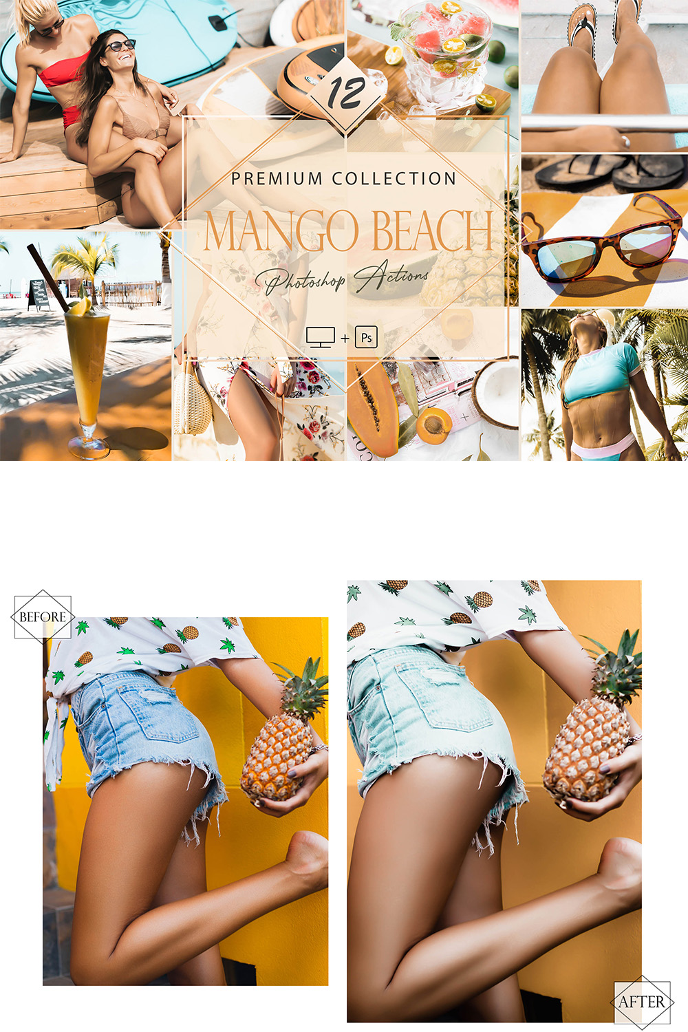 12 Photoshop Actions, Mango Beach Ps Action, Aqua Sea ACR Preset, Saturation Filter, Lifestyle Theme For Instagram, Tropical, Bronze portrait pinterest preview image.
