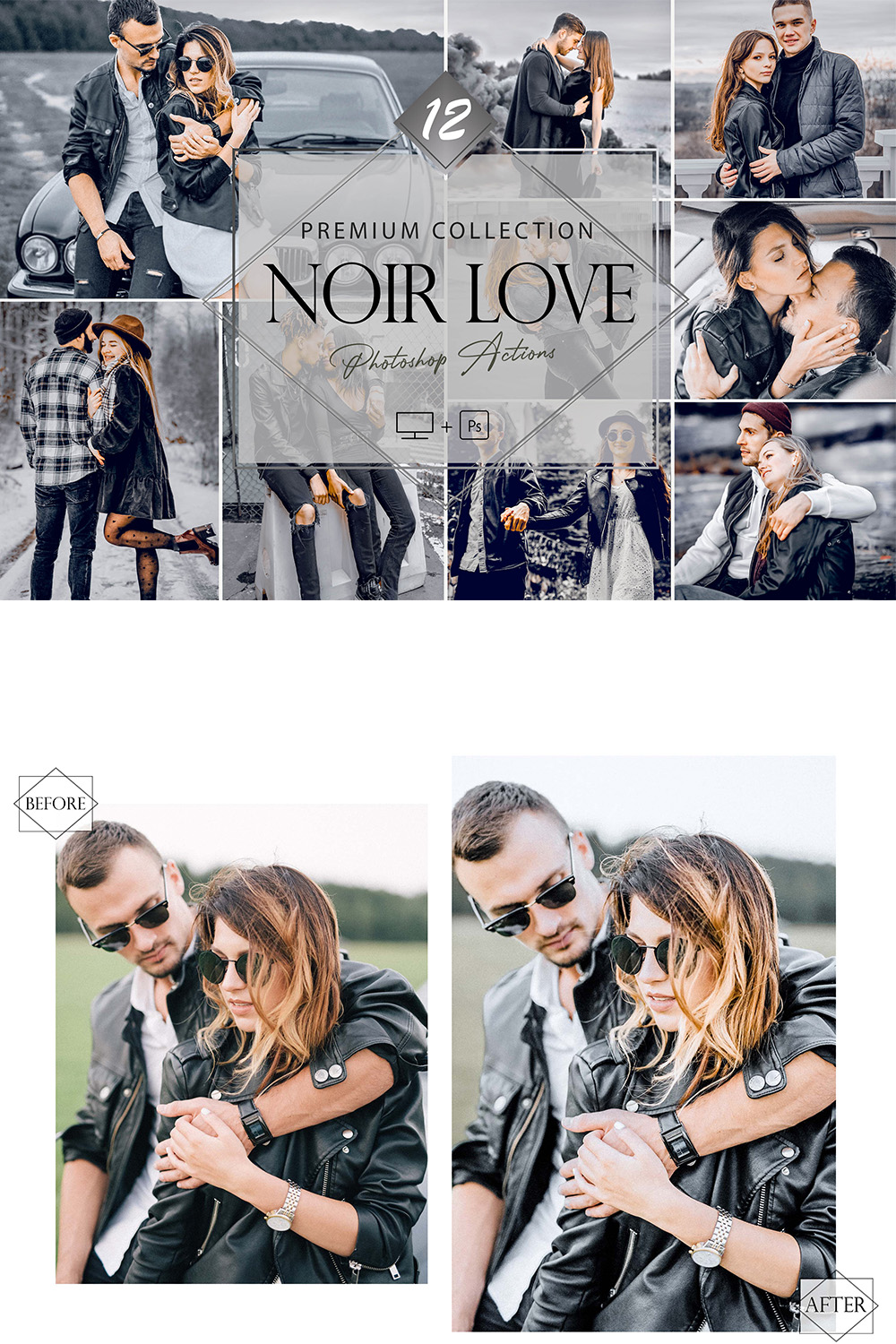 12 Noir Love Photoshop Actions, Winter Fashion ACR Preset, Monochromatic Ps Filter, Portrait And Lifestyle Theme For Instagram, Blogger, Gray Outdoor pinterest preview image.