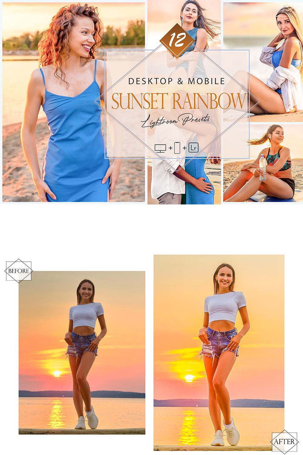 12 Sunset Rainbow Lightroom Presets, Golden Hour Preset, Gulf Desktop LR Filter, DNG Portrait Lifestyle, Top Theme, Summer Blogger Instagram pinterest preview image.