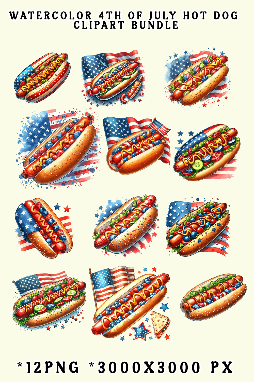 Watercolor 4th of July Hot Dog Clipart Bundle pinterest preview image.