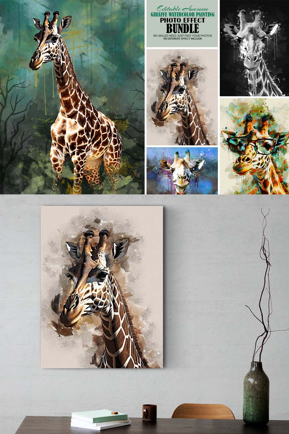 Watercolor Giraffe Editable Effect pinterest preview image.