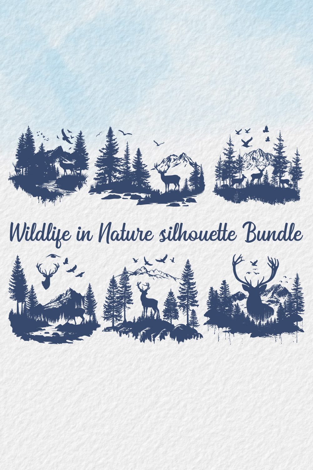 Wildlife in Nature Silhouette bundle, wild animal wildlife silhouette, forest silhouette illustration, Beautiful design for wildlife preservation, environmental awareness, deer, birds, bears trees, mountains pinterest preview image.