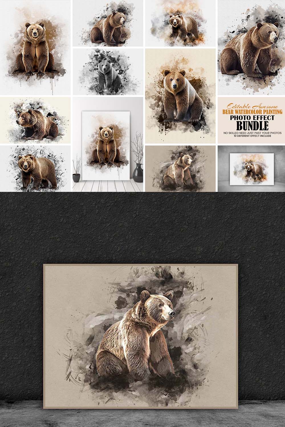 Editable Bear Watercolor Effect pinterest preview image.