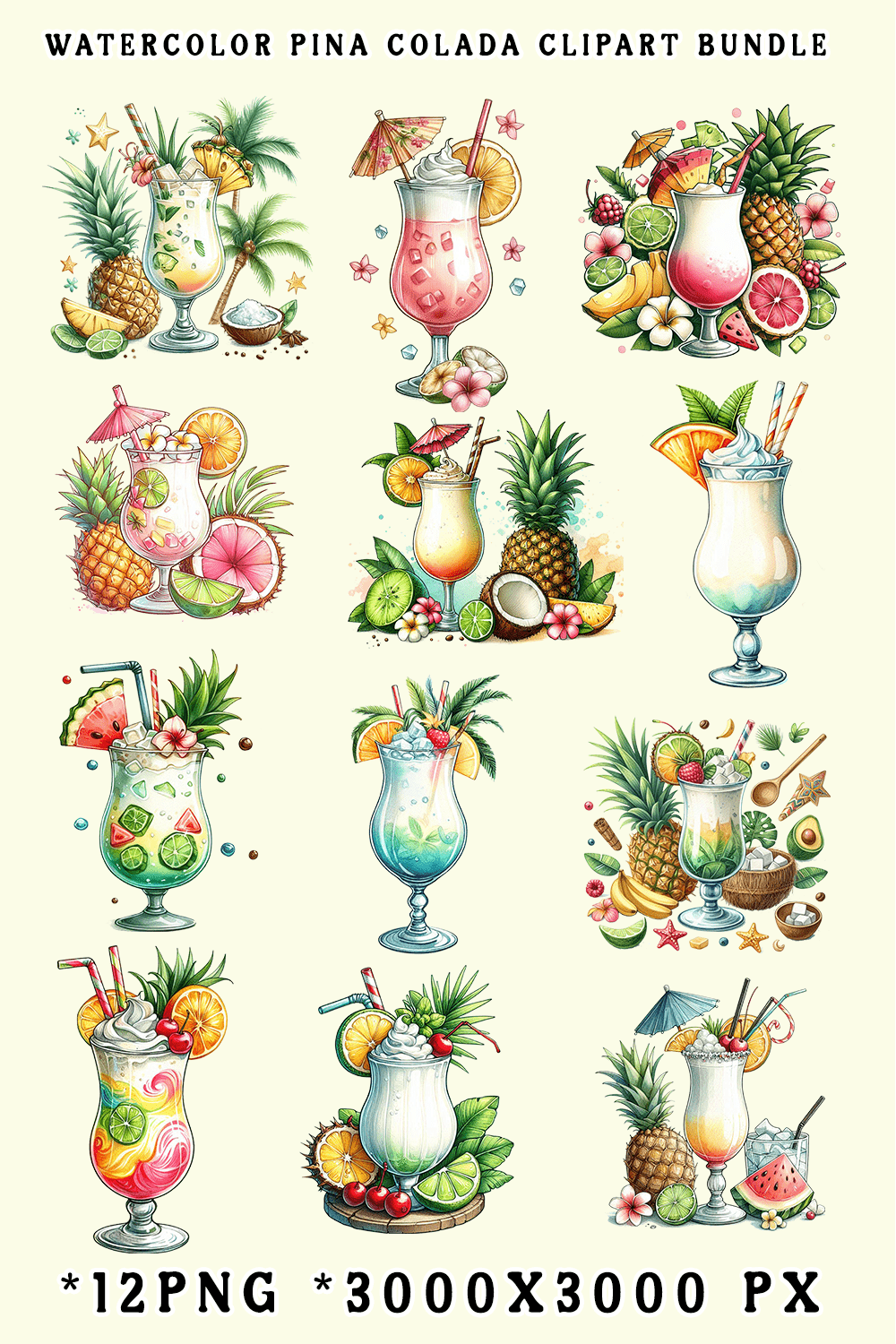 Watercolor Pina Colada Clipart Bundle pinterest preview image.