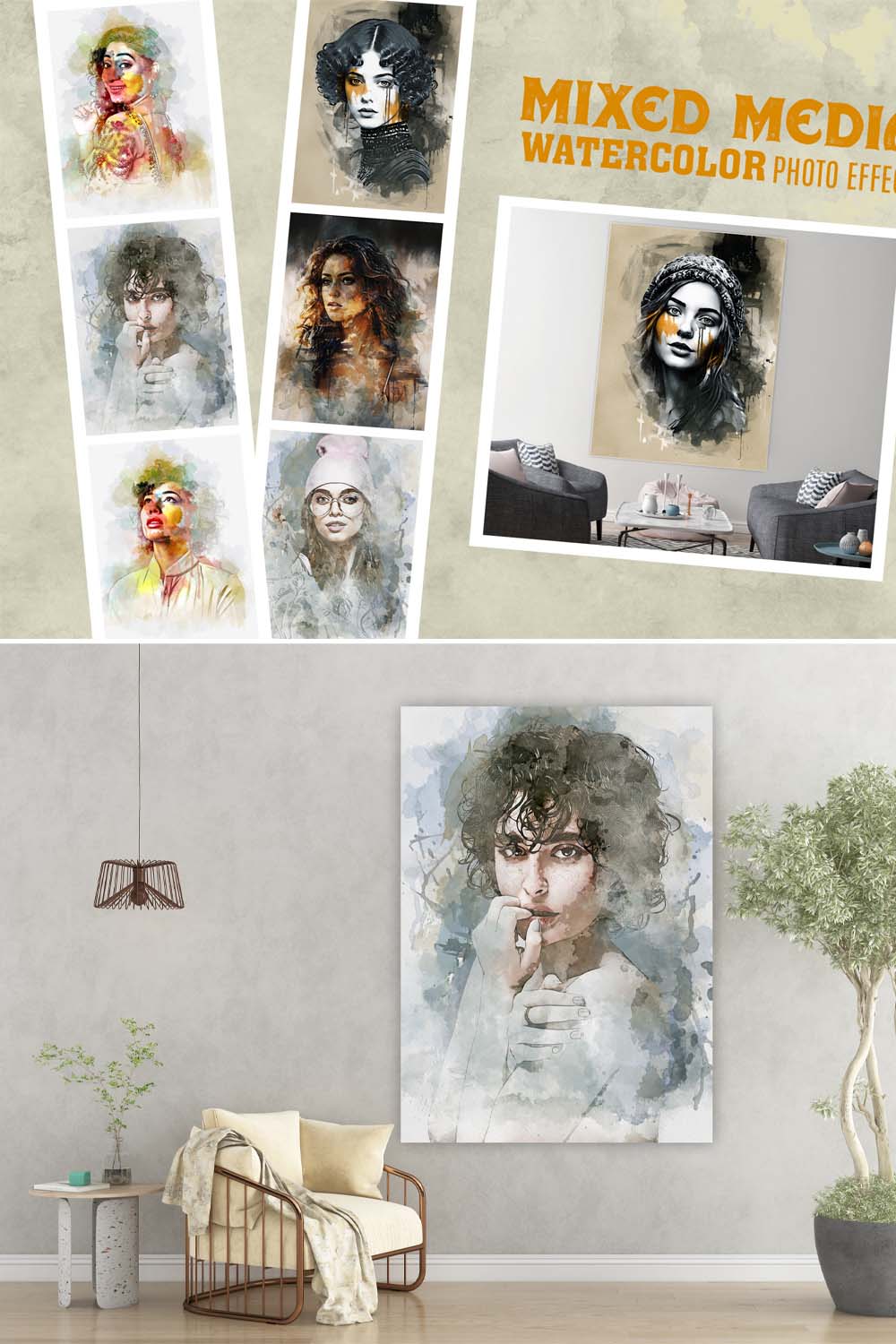 Realistic Watercolor Mixed Art Photo pinterest preview image.