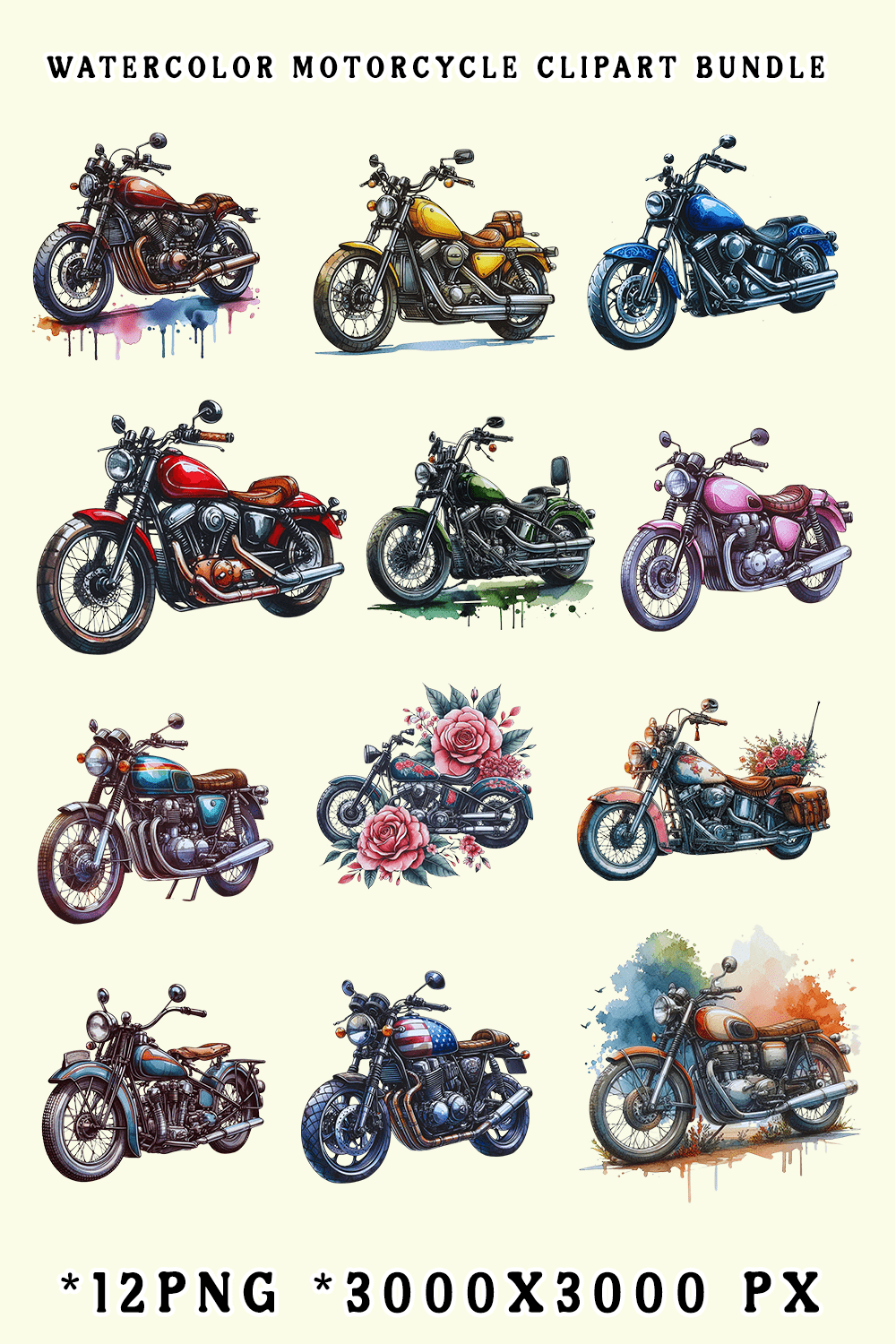 Watercolor Motorcycle Clipart Bundle pinterest preview image.