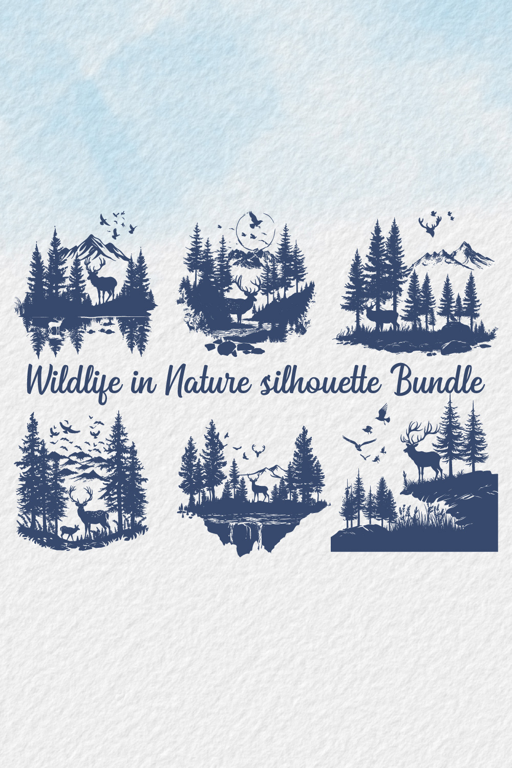 Wildlife in Nature Silhouette bundle, wild animal wildlife silhouette, forest silhouette illustration, Beautiful design for wildlife preservation, environmental awareness, deer, birds, bears trees, mountains pinterest preview image.